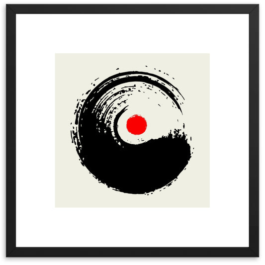 Superbe affiche murale avec cadre noir minimaliste repésentant un demi cercle noir dessiné au pinceau et un point de couleur rouge intense au milieu pour une déco contemporaine