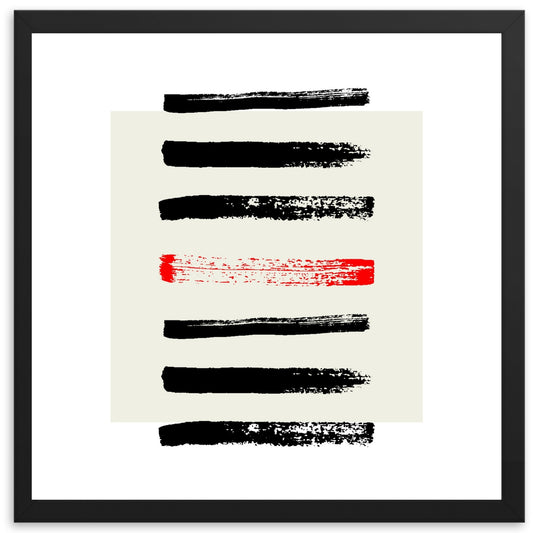 Affiche avec cadre noir de format carré, style minimaliste, lignes noires dessinées sur un carré gris au coup de pinceau avec une ligne rouge au milieu