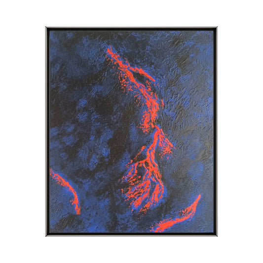 Tableau mural, réalisé sur toile en fond texturé avec une combinaison de peinture acrylique noir, bleu et orange, intitulée OBSIDIAN